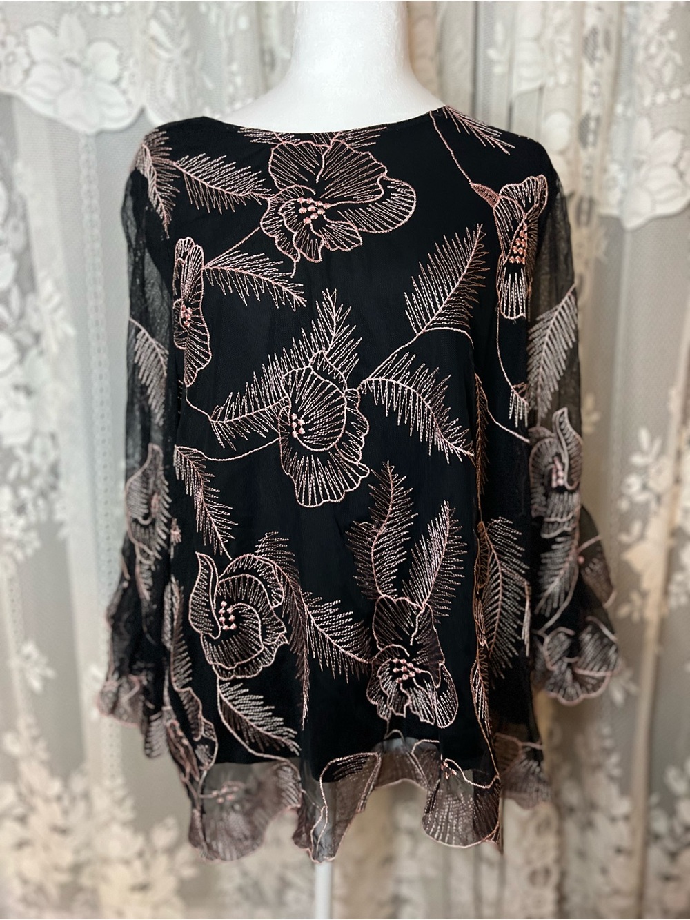 Alfani Black Top with Rose Gold Floral Embroidery